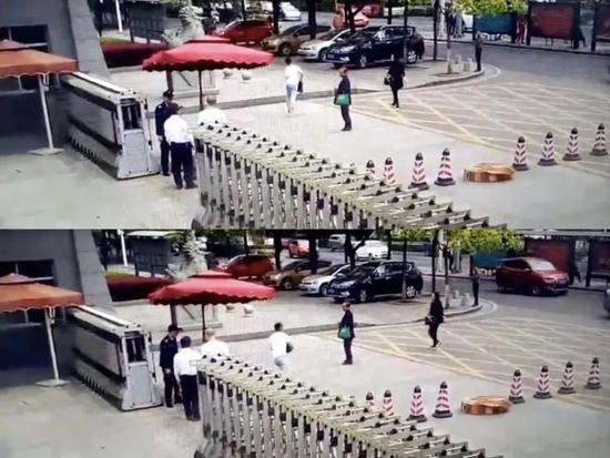 　　2018年4月10日，衡阳市中级人民法院门口，陈定华抢走了宁顺花的包，监控视频里穿白色短袖T恤的男子为陈定华。受访者供图