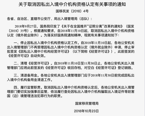 图片来源/《关于取消因私出入境中介机构资格认定有关事项的通知》部分内容