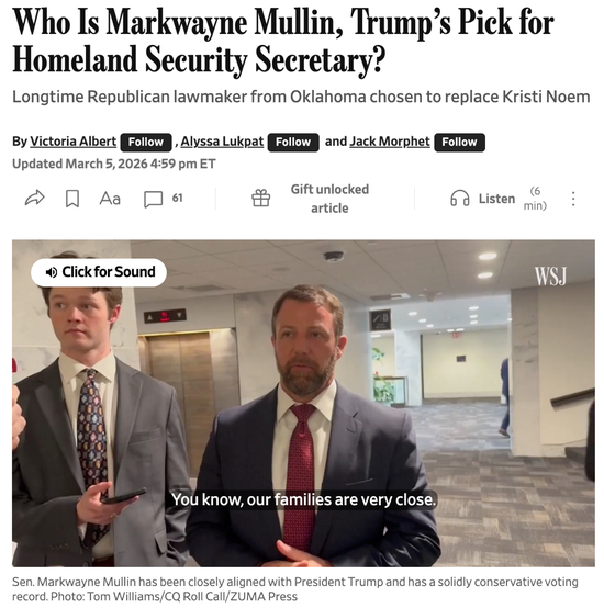 △《华尔街日报》报道，现年48岁的穆林是资深共和党议员，也是特朗普政策的坚定支持者，他自称为成功的商人兼牧场主，至今仍居住在自小长大的俄克拉何马州一牧场