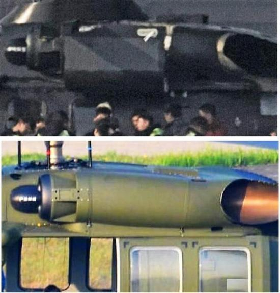  上图为直-20，下图为美国“黑鹰”直升机，红外抑制措施似乎相近