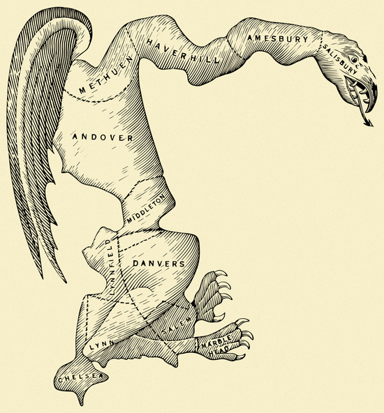 ▲&nbsp;“杰利蝾螈”：当地漫画家根据1812年美国马萨诸塞州选区划分创作的讽刺漫画