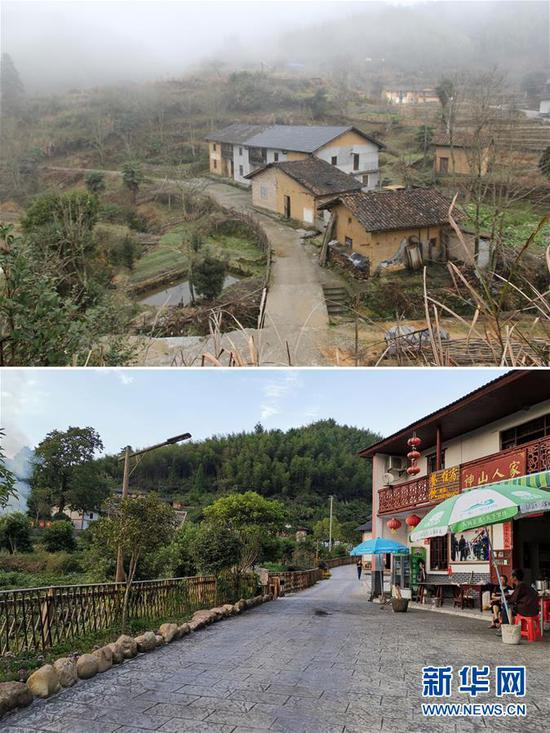 上图：脱贫前的井冈山市神山村一角。摄于2016年1月。下图：现在的井冈山市神山村一角。摄于2019年9月。 新华社发
