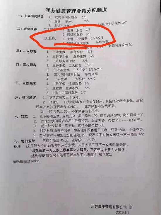 涵芳健康管理中心业绩分配制度表&nbsp; 澎湃新闻记者 卫佳铭 图&nbsp;