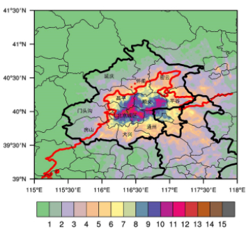  2015-2018年北京地区的总闪电密度分布情况 （颜色代表的数字单位：次/平方公里/年）