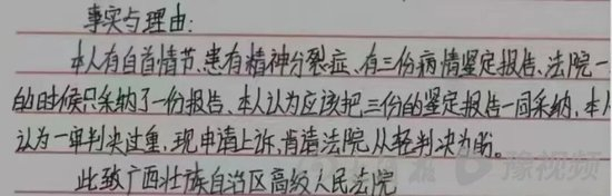  何某某手写的上诉要求轻判的申请（受访者供图）