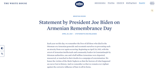  拜登关于“亚美尼亚大屠杀”的声明。/美国白宫网站截图