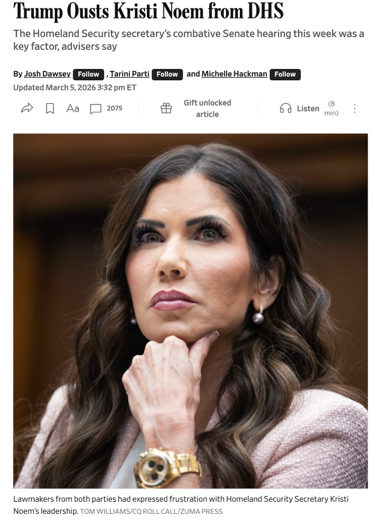  △《华尔街日报》报道，诺姆成为特朗普第二任期内首位被解职的内阁部长