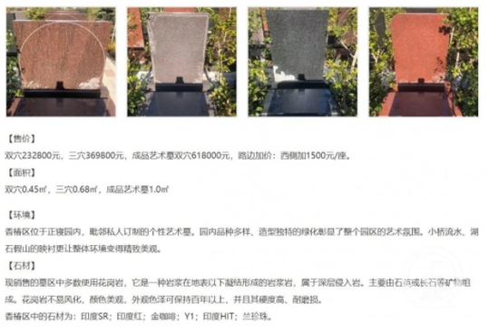 ▲上海某公墓一套双穴立碑墓地售价23万元。图片来源/网站截图
