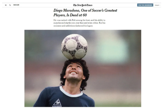 1986年，迭戈·马拉多纳率领阿根廷队夺得世界足球锦标赛冠军。/ 《纽约时报》网站截图