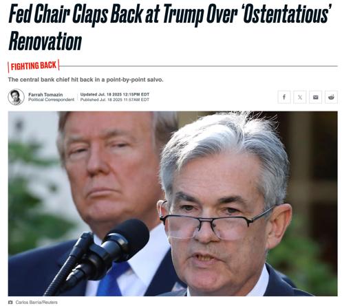 △《每日野兽》(The Daily Beast)报道,对白宫有关美联储大楼装修的指责,鲍威尔逐一驳回