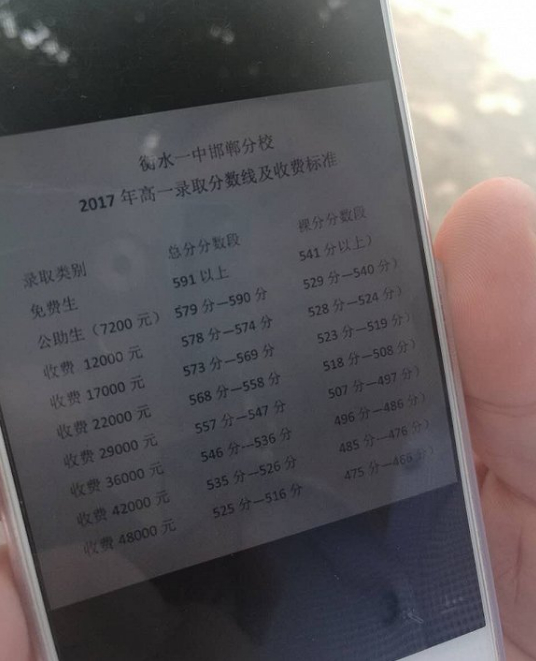 　一位天津的考生家长向记者展示了一张名为“衡水一中邯郸分校2017年高一录取分数线及收费标准”的图片  摄影：牛其昌