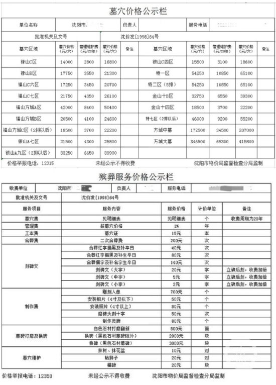 　　▲沈阳市某公墓在网站上发布价格公示。图片来源/网站截图