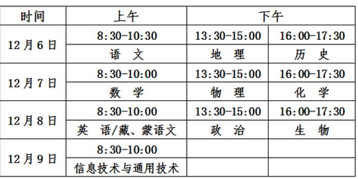 青海2018年12月高中学业水平考试时间安排