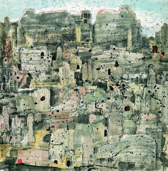 《交河故城》，吴冠中，水墨设色，111×102cm，1981年