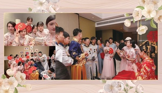 　　左上：谢宇科（左一）和其他伴娘的合影。 左下：谢宇科（第一排左一）与新人共同拍摄婚礼纪念照。 右：谢宇科（右二）在接亲环节与伴郎互动。本人供图
