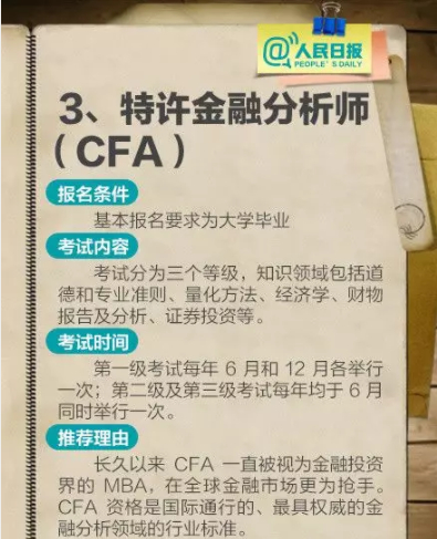 2016年，人民日报推出13个含金量最高的资格证书，再度点名CFA。