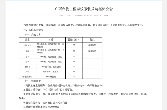 招标公告显示采购服装包括西装上衣、西裤、鞋子等，预算不超过77000.00元。