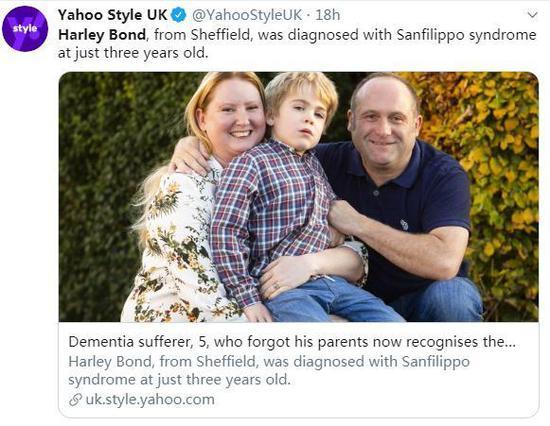 资料图：患有B型圣菲利柏氏症的哈利·邦德及其父母。 来源：Yahoo Stayle UK社交媒体账户截图