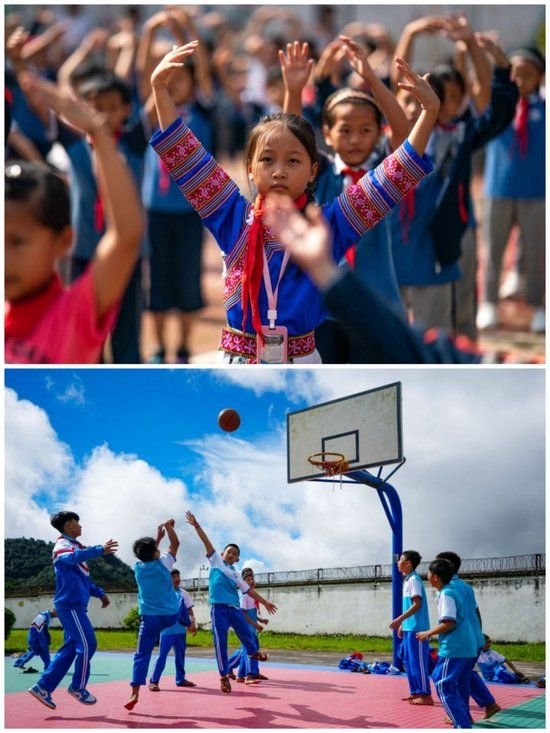 　　云南两所“零近视”小学——湾塘小学的孩子们在做课间操（上），腊福小学的孩子们在打篮球（下）。新华社记者 胡超、陈欣波 摄