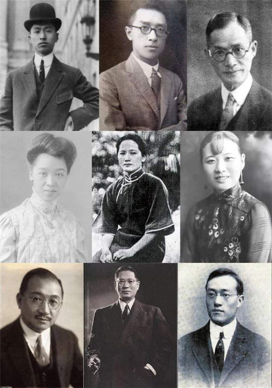　　近代中国留美学生留影。从左至右、从上至下分别是：顾维钧、胡适、蒋梦麟、康同璧、宋庆龄、宋美龄、孔祥熙、宋子文、王正廷。