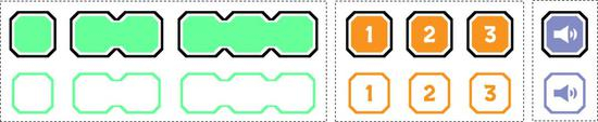 图 2 长度魔法方块（左）、数字魔法方块（中）和声音魔法方块（右）示例