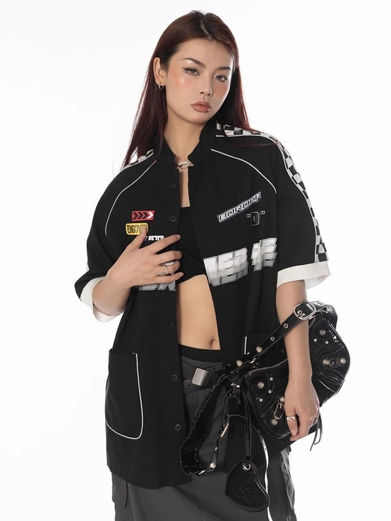 BLACKBB 棋盘格子赛车拼接短袖衬衫