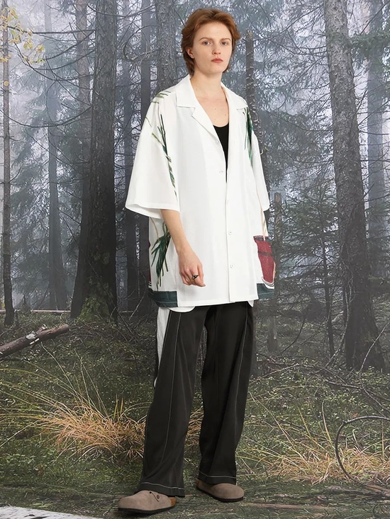 MIICHOUS 雨林度假油画植物花卉印花短袖衬衫