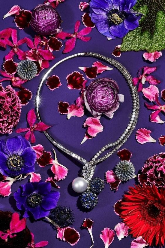铂金镶嵌南洋白珍珠、蓝宝石及钻石项链，来自Tiffany & Co. 蒂芙尼 2022 Blue Book 高级珠宝系列 BOTANICA