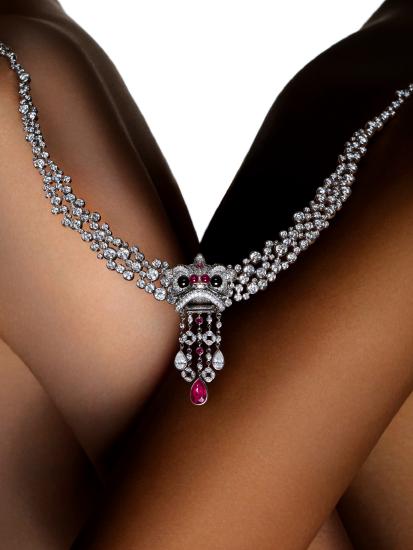 Qeelin Couture Xi Xi 18K白金钻石、红宝石及缟玛瑙项链