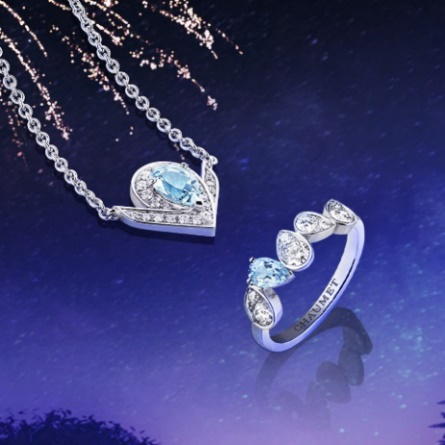 　　自左至右依次：CHAUMET Joséphine约瑟芬皇后系列白鹭海蓝宝石项链 CHAUMET Joséphine约瑟芬皇后系列白鹭海蓝宝石戒指