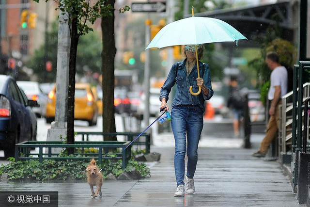 娜奥米·沃茨雨中撑伞遛狗 牛仔look简约清新