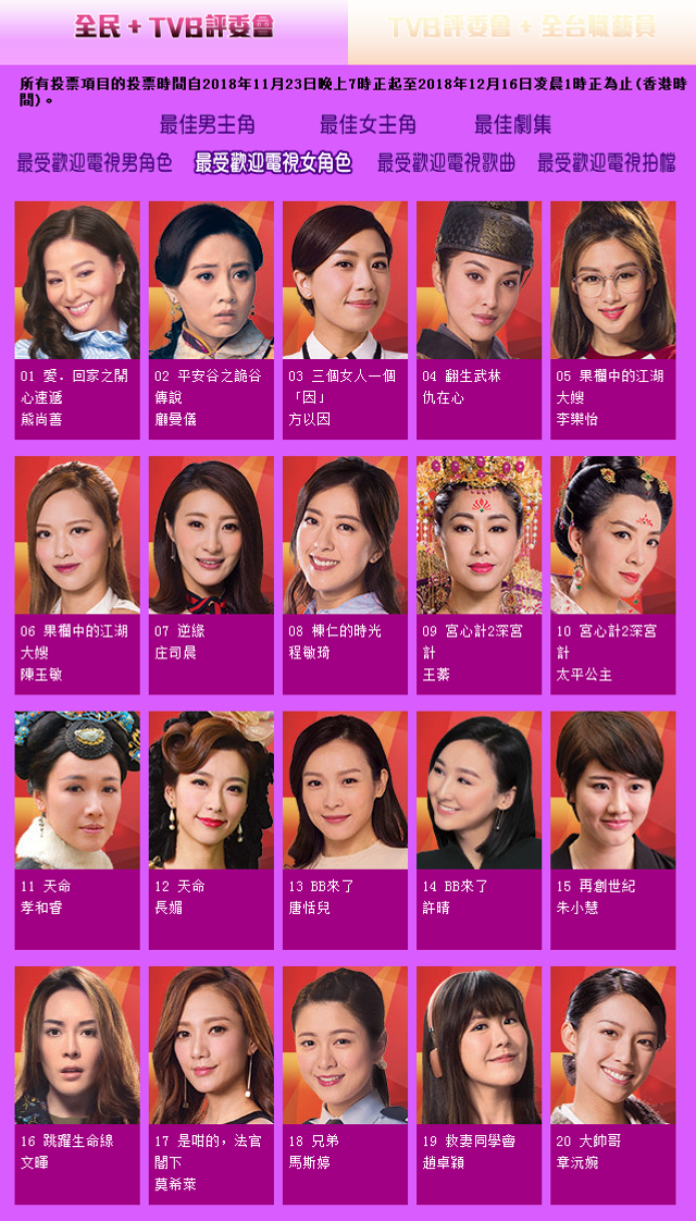 组图：TVB颁奖礼提名出炉 黎耀祥马国明黄智雯胡定欣等争奖