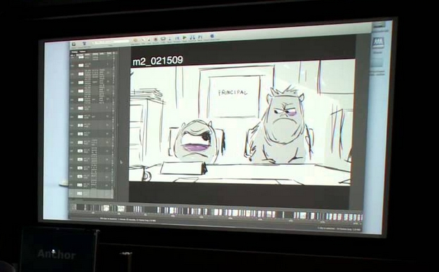 故事团队在大屏幕上演示，需要修改的时候可以直接用电子笔在上面画，然后观看更改后的动画效果