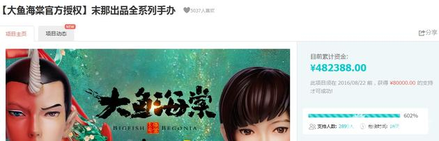 来看看《大鱼》一手办项目的众筹数字：482388.00元。