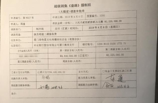 林楷出示的明道片酬请款审批单