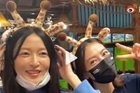 高圆圆与好友同游动物园 试戴可爱头饰活力满满