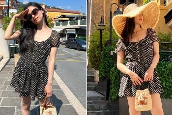 张婧仪波点短裙秀美腿