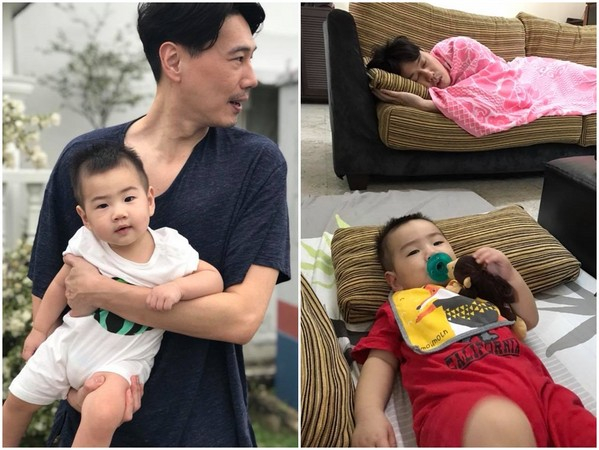 Ella晒儿子劲宝与老公的生活照