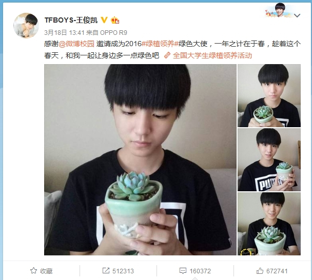 2016年第六届全国大学生绿植领养活动，王俊凯作为“绿植大使”为公益代言