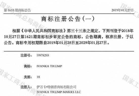 Ivanka Trump 第18类商标核准注册的公告