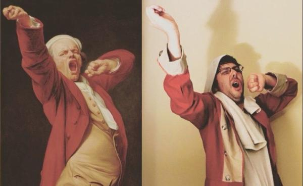 　　《自画像，打呵欠》“Self-Portrait， Yawning”（1783年）和模仿者 （图源：盖蒂博物馆社交媒体 &nbsp;下同）