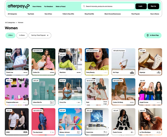 Afterpay官网的品牌列表
