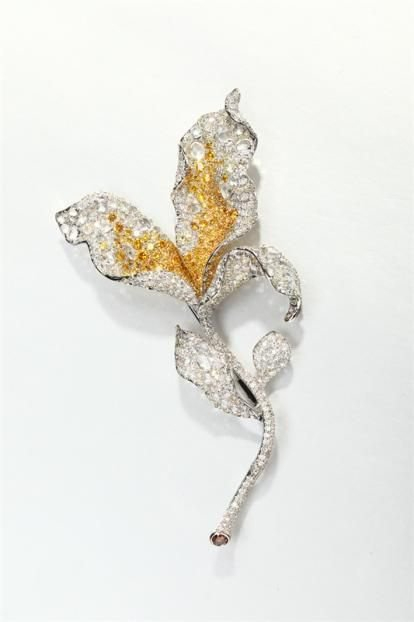 Jardin des moneta系列 黄色蓝宝石、钻石胸针