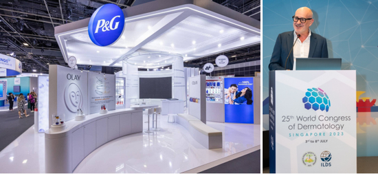 　　OLAY携全新升级“信号霜”亮相WCD（左） 宝洁研发院士科学家Paul Matts 博士在宝洁美尚卫星会分享新发现（右）