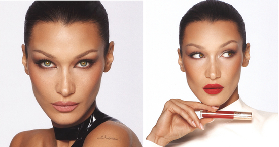 贝拉·哈迪德（ BELLA HADID ）华美演绎CT羽雾唇釉枕边话（左）和CT羽雾唇釉宝石正红（右）