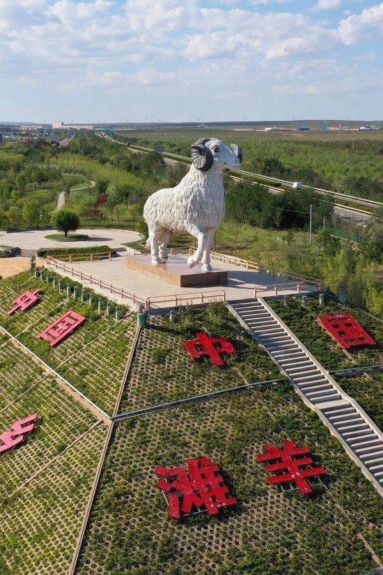 盐池县巨大的滩羊雕像。 　　摄影/薛月华