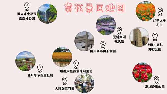 　　图片制作于可画，源于微博@旅行家舒星@鼋头渚风景区官博@杭州皋亭山管委会@D-Mocha@张家花园官博@毛毛寻鲜记@叁爷撩食记@旅行笔记@辽宁日报