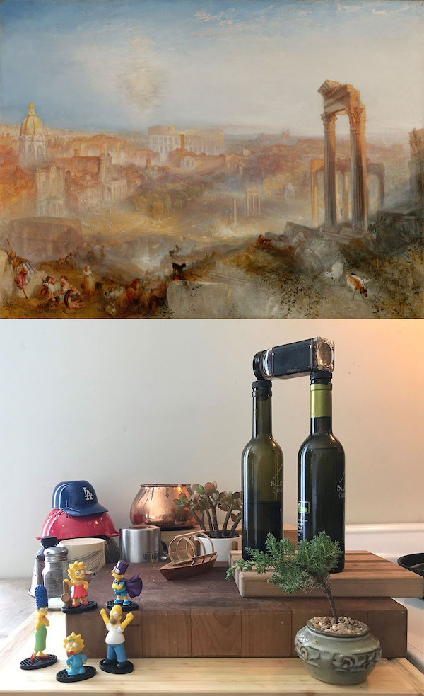 　　参与者用两瓶酒和一瓶胡椒粉（下图）重建了透纳画作《现代罗马-凡西诺广场》（上图）中的罗马建筑立面遗迹