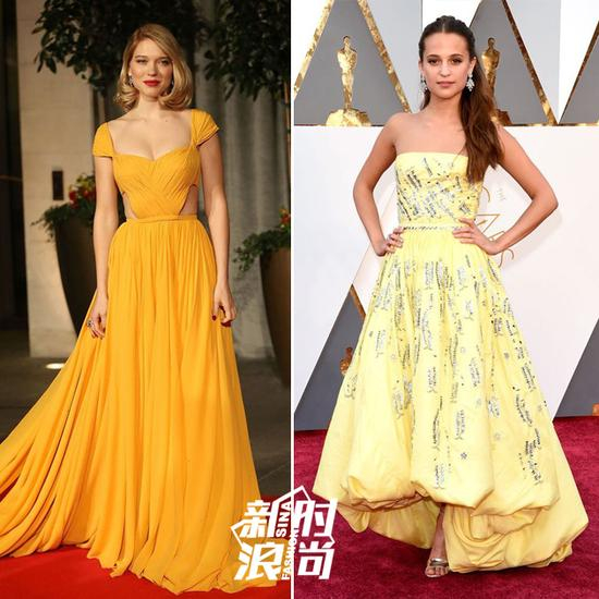 女明星在红毯上穿黄色礼服